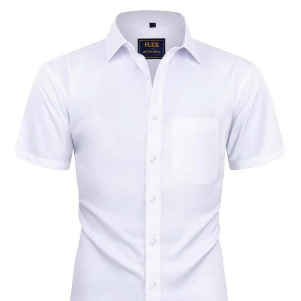 Mens Short Sleeve Dress Wrinkle Free Solid Casual Button-Down Shirt. WHITE LARGE